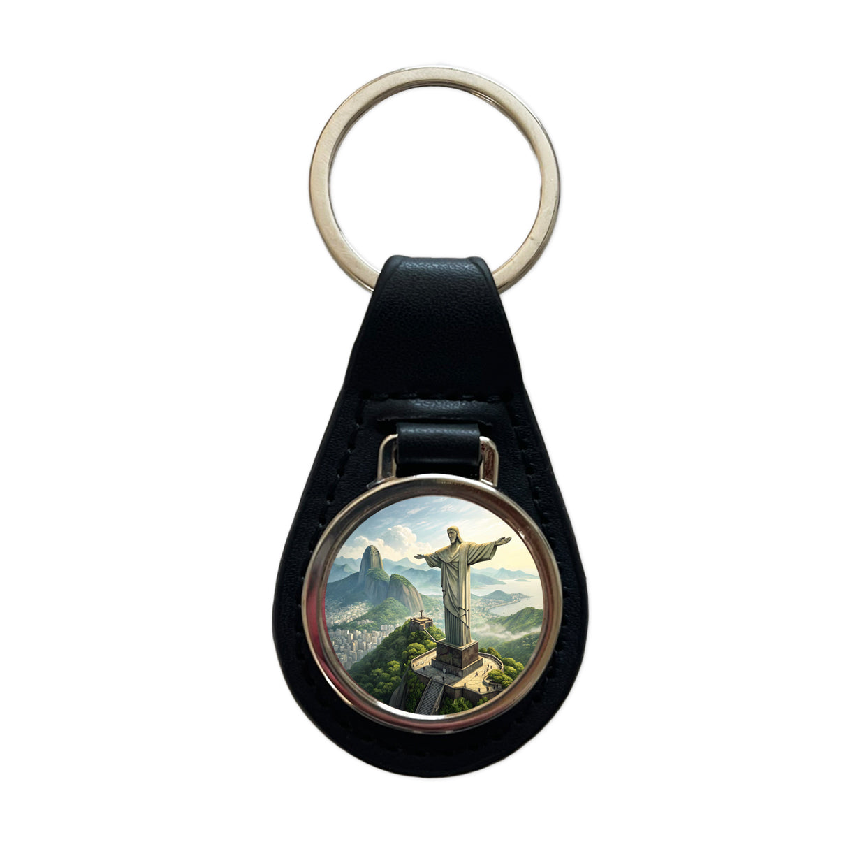 Christ The Redeemer Statue Rio De Janeiro Brazil Black Leather Metal Keychain