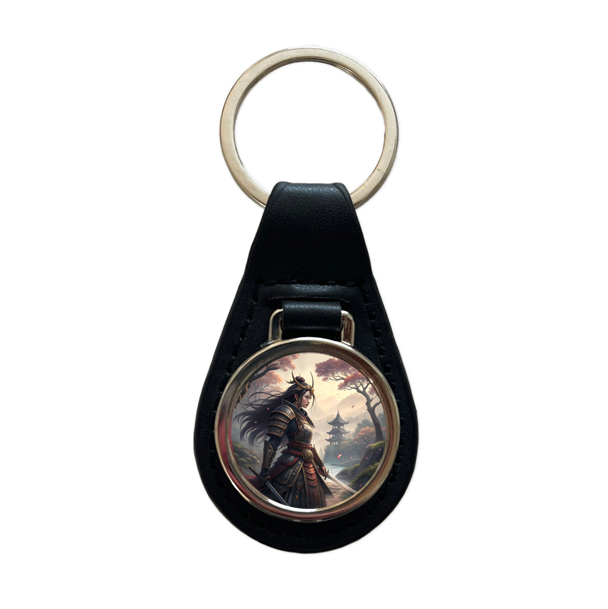 Classic Japanese Anime Style Fantasy Warrior Woman Black Leather Metal Keychain