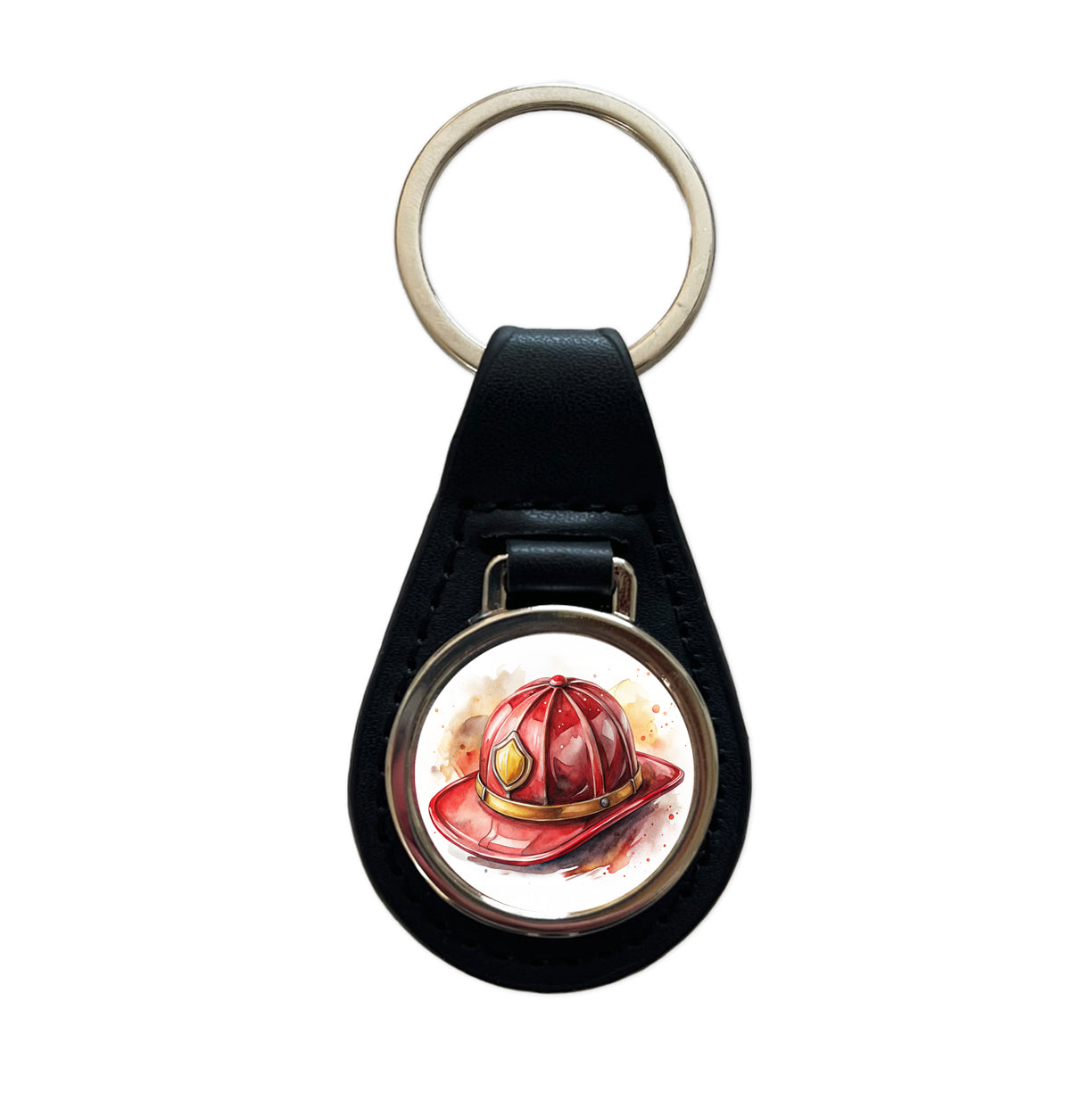 Classic Red Firefighter Fireman Helmet Watercolor Black Leather Metal Keychain