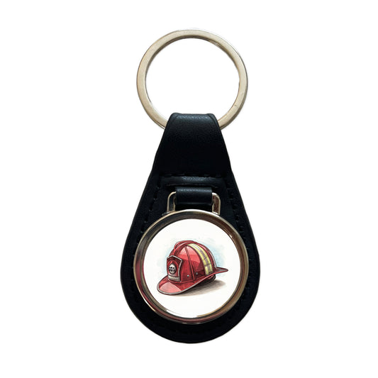 Classic Red Firefighter Fireman Helmet Black Leather Metal Keychain