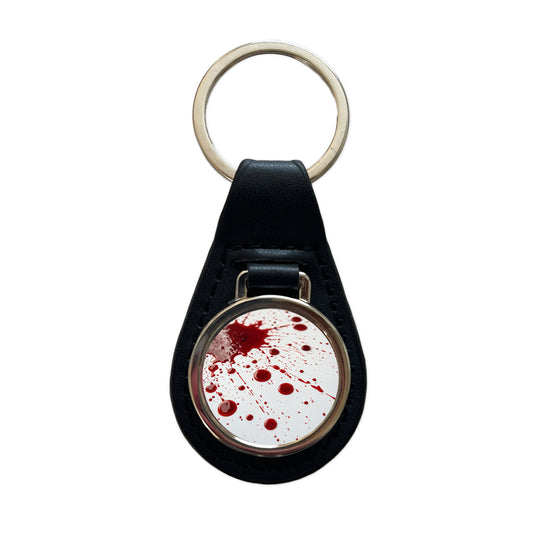 Close-Up Blood Splatters Black Leather Metal Keychain