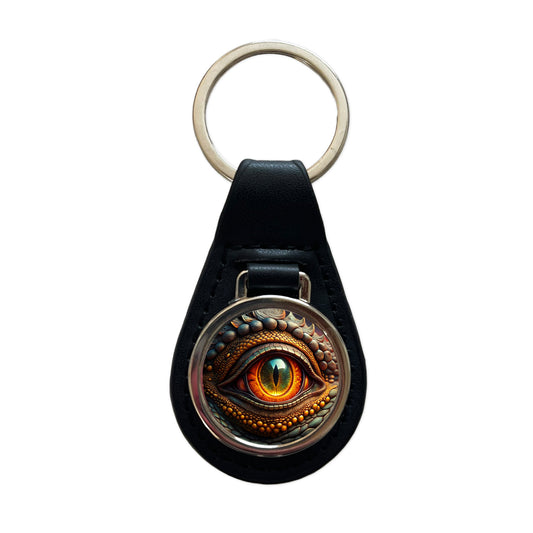 Close-Up Of a Dragon's Eye Fantasy Black Leather Metal Keychain
