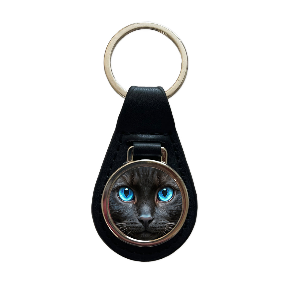 Close-Up Of Blue Cat Eyes Black Leather Metal Keychain