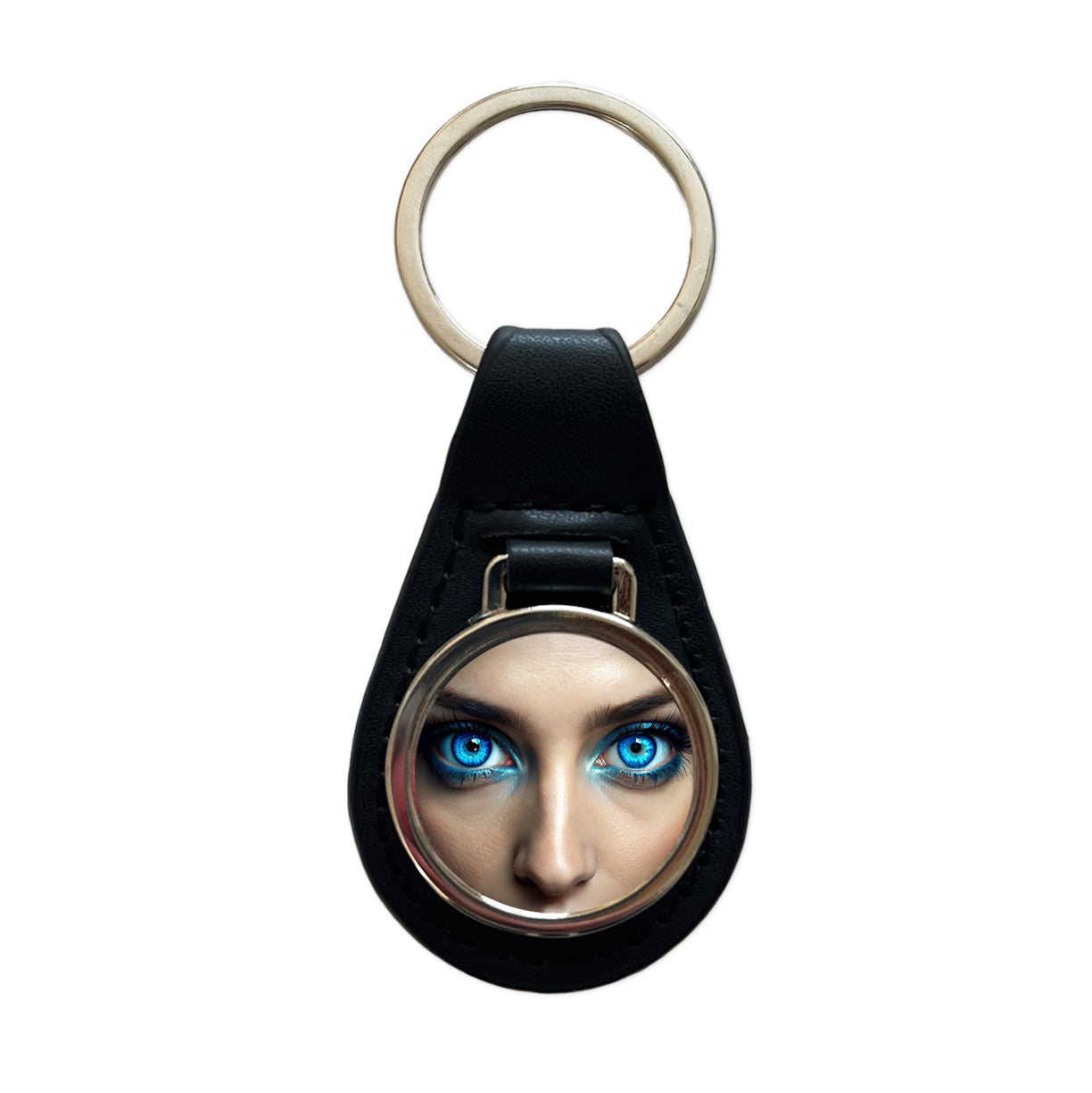 Close-Up Of Blue Eyes Black Leather Metal Keychain