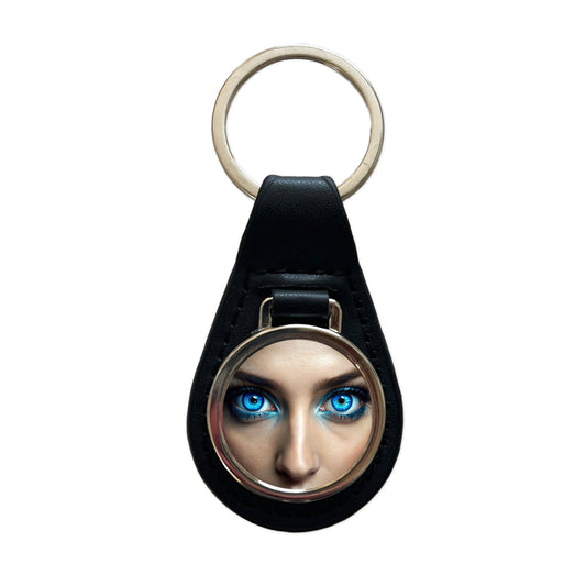 Close-Up Of Blue Eyes Black Leather Metal Keychain