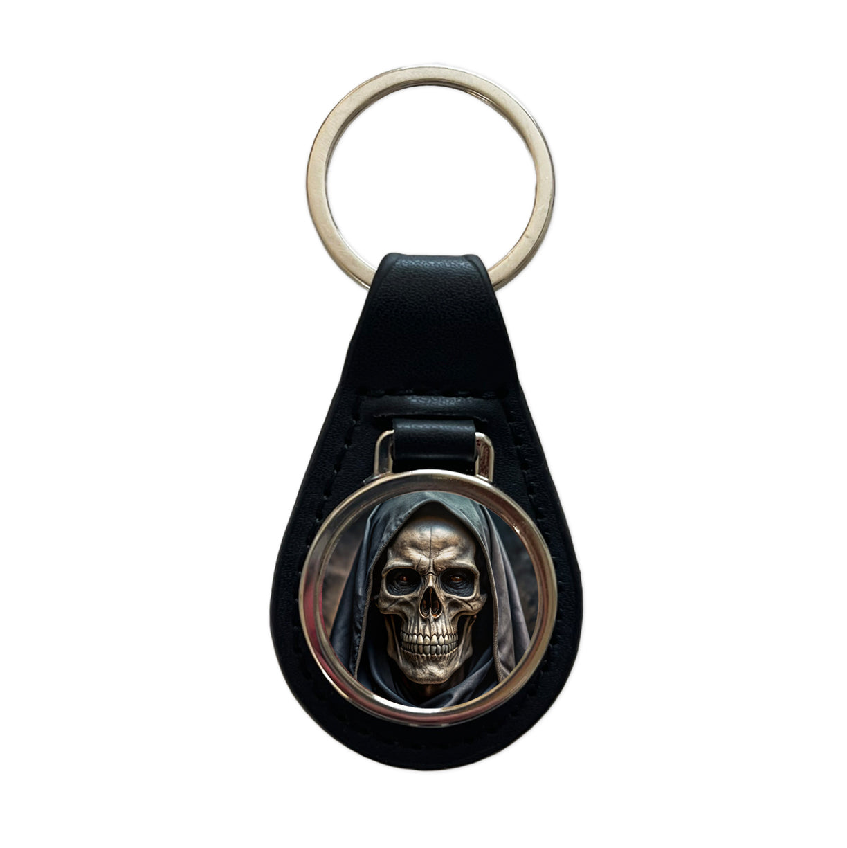 Close-Up Of Grim Reaper Skull Face Halloween Black Leather Metal Keychain