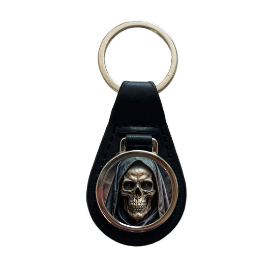 Close-Up Of Grim Reaper Skull Face Halloween Black Leather Metal Keychain