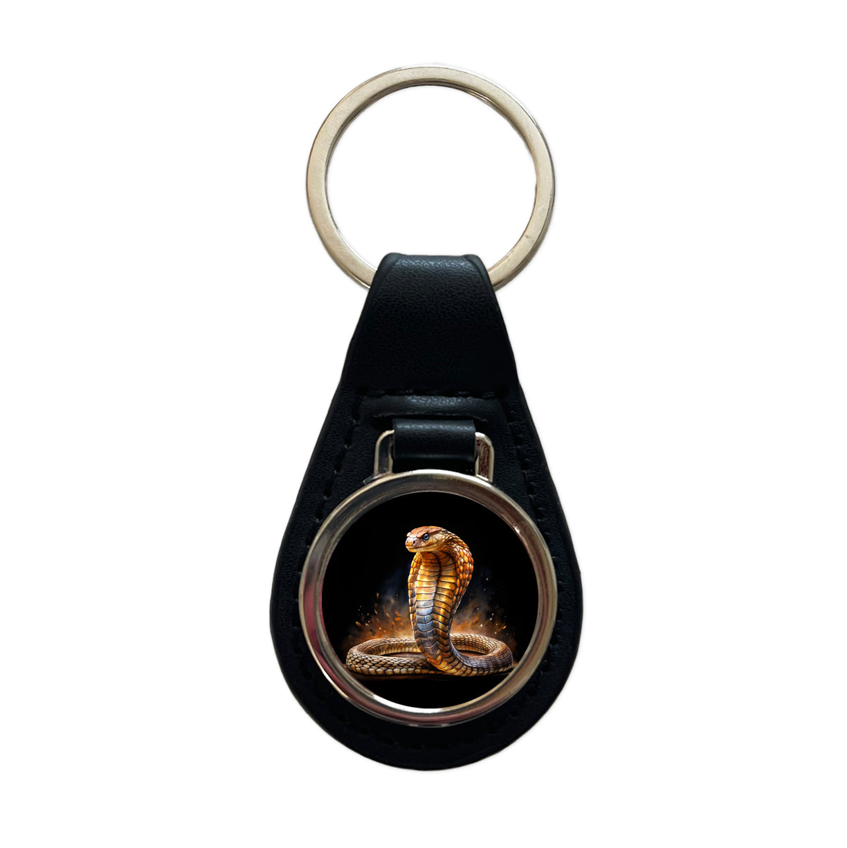 Cobra Snake Black Watercolor Black Leather Metal Keychain