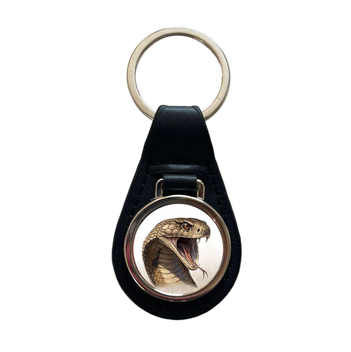 Cobra Snake Head Close-up Scary Reptile Black Leather Metal Keychain