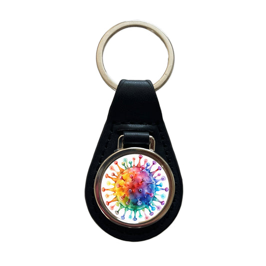 Colorful Rainbow Virus Watercolor Black Leather Metal Keychain