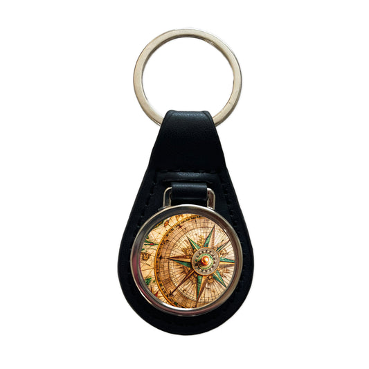 Compass Rose on an Ancient Nautical Maritime Map Black Leather Metal Keychain