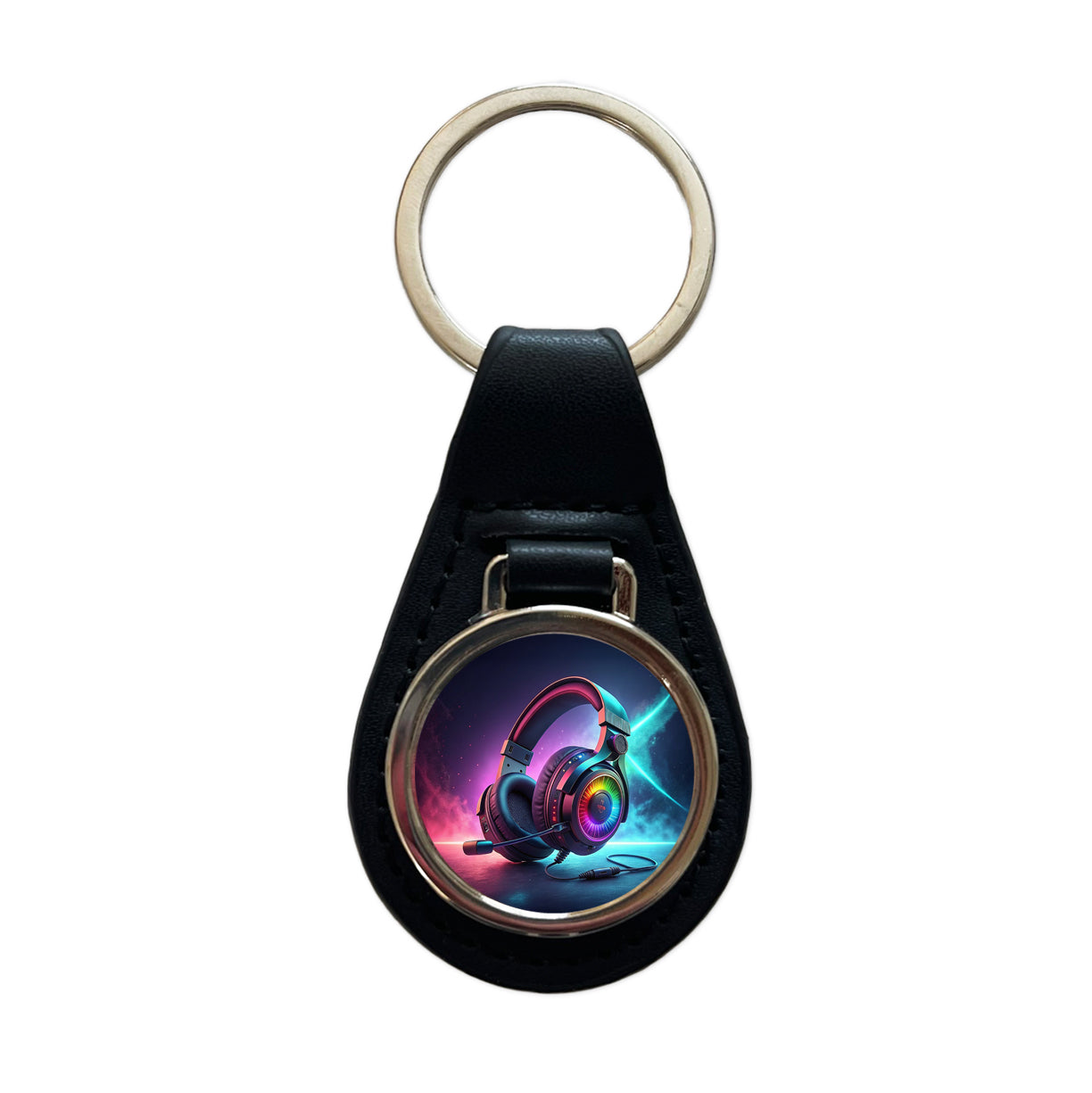 Computer Console Gaming Headphones Black Leather Metal Keychain