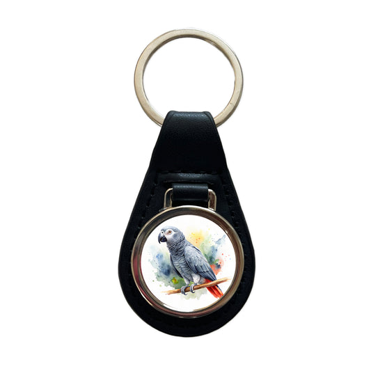 Congo African Grey Parrot Watercolor Black Leather Metal Keychain