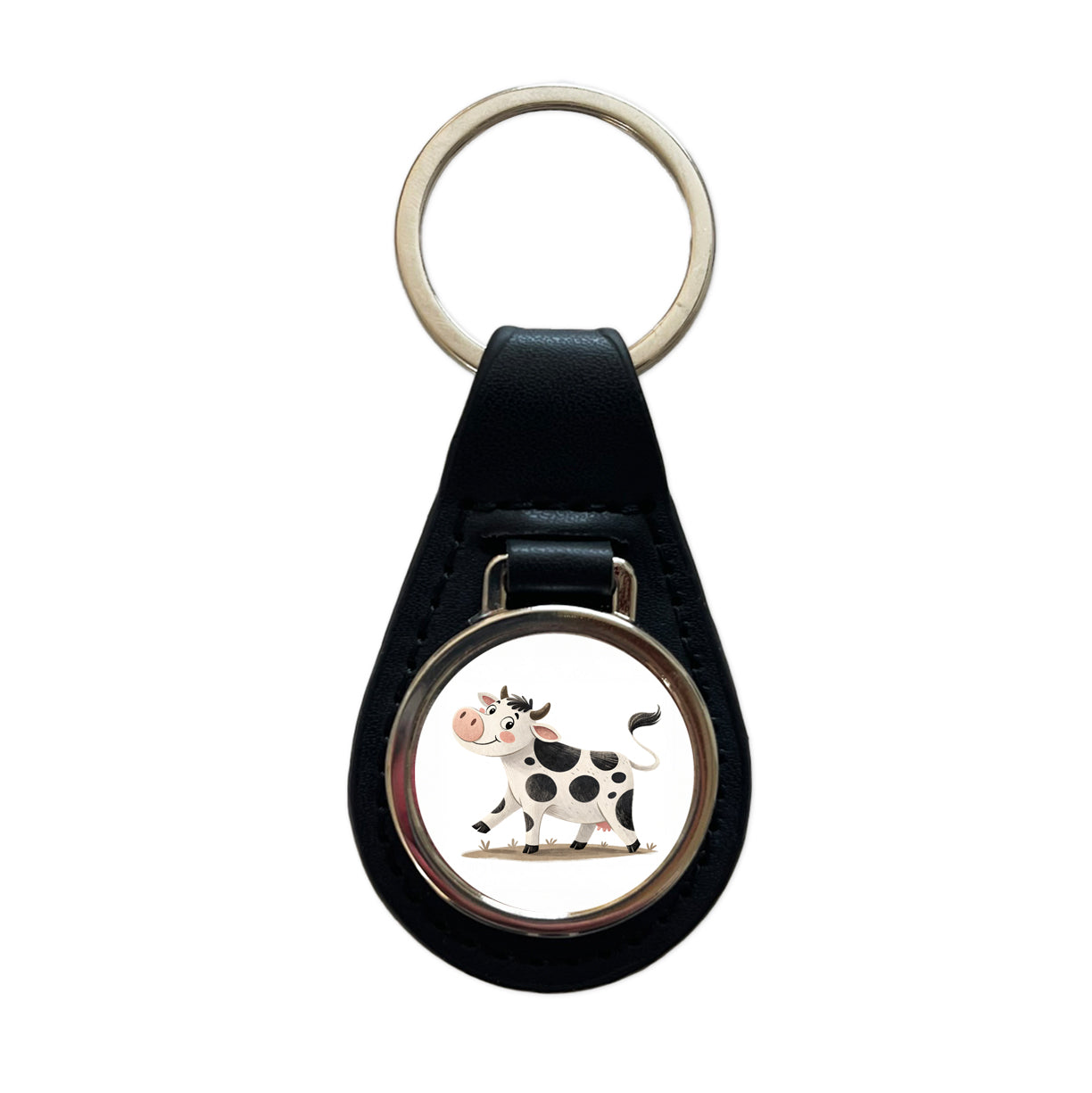 Cow Children's Illustration Style Black Leather Metal Keychain