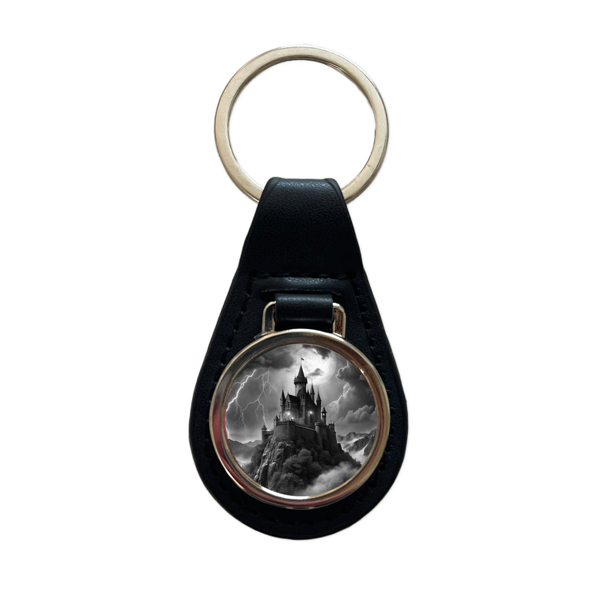 Dark and Foreboding Vampire Castle Black Leather Metal Keychain