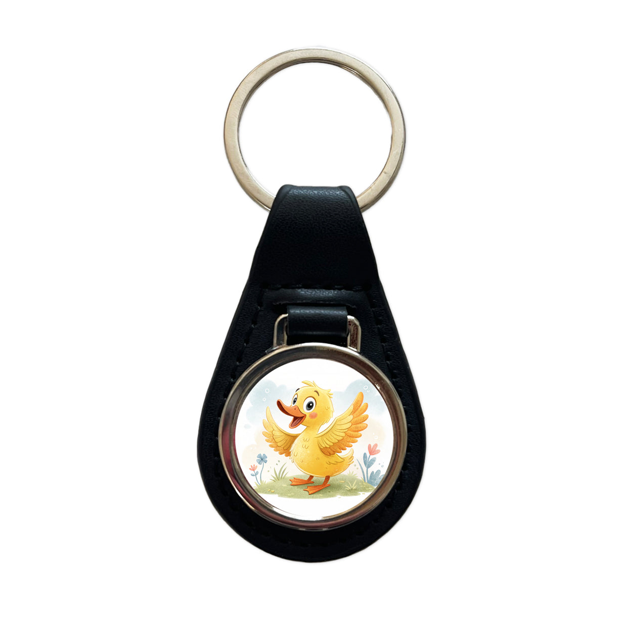 Duck Children's Illustration Style Black Leather Metal Keychain