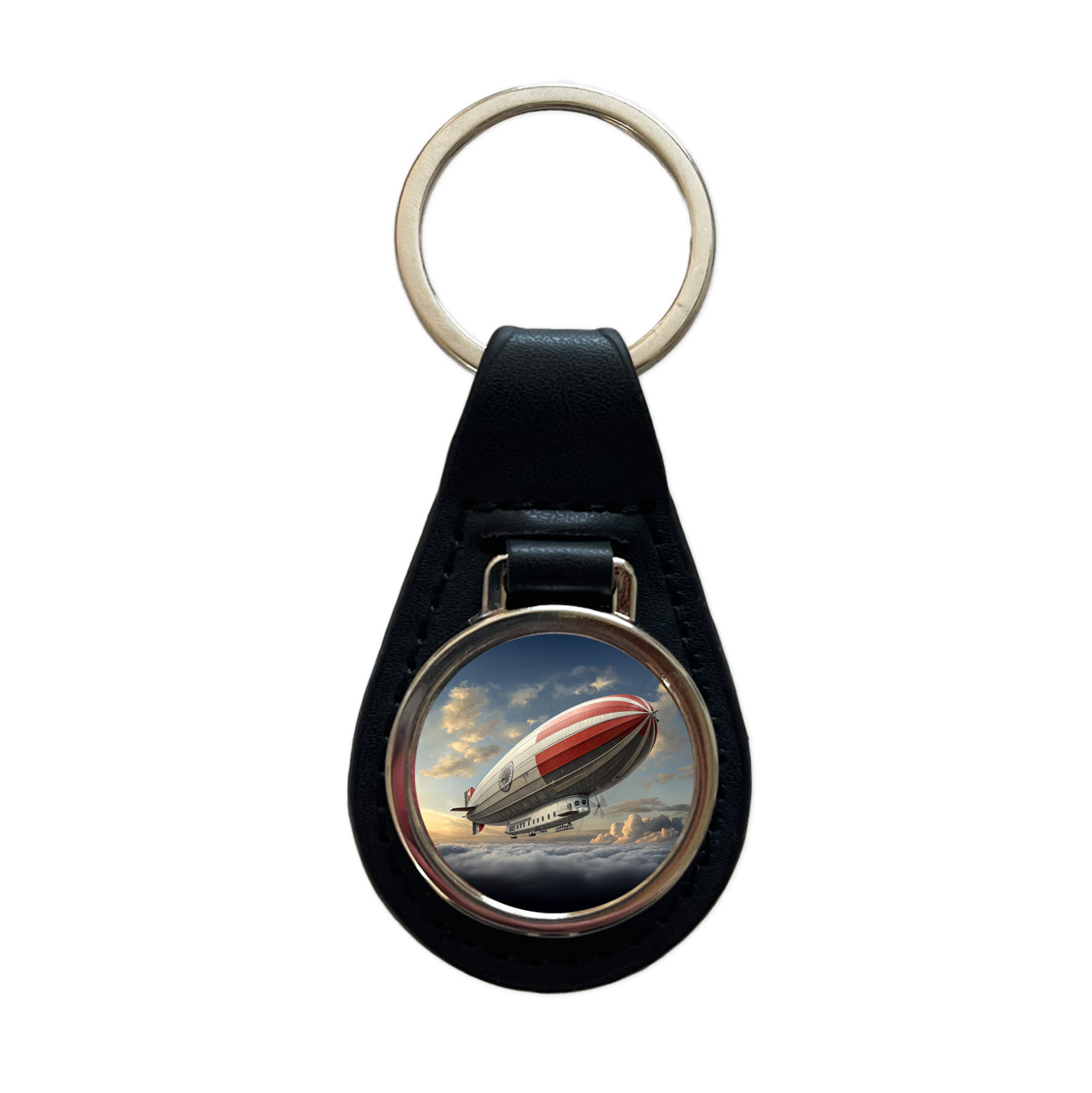 Early 1900's Dirigible Airship Blimp Black Leather Metal Keychain