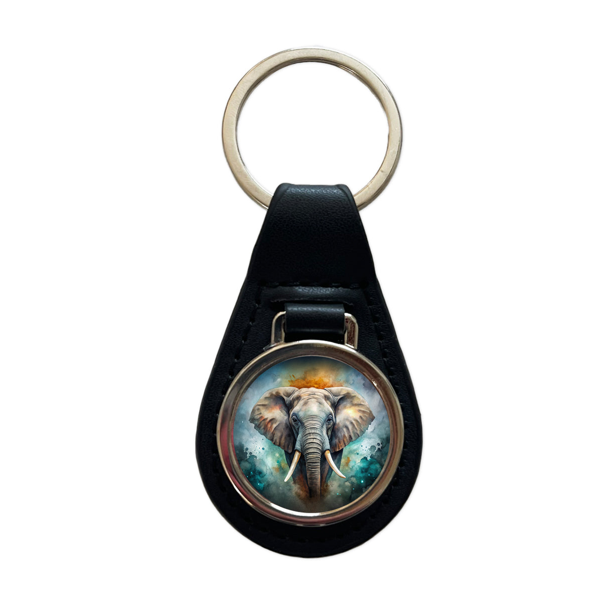 Elephant on Black Watercolor Background Black Leather Metal Keychain