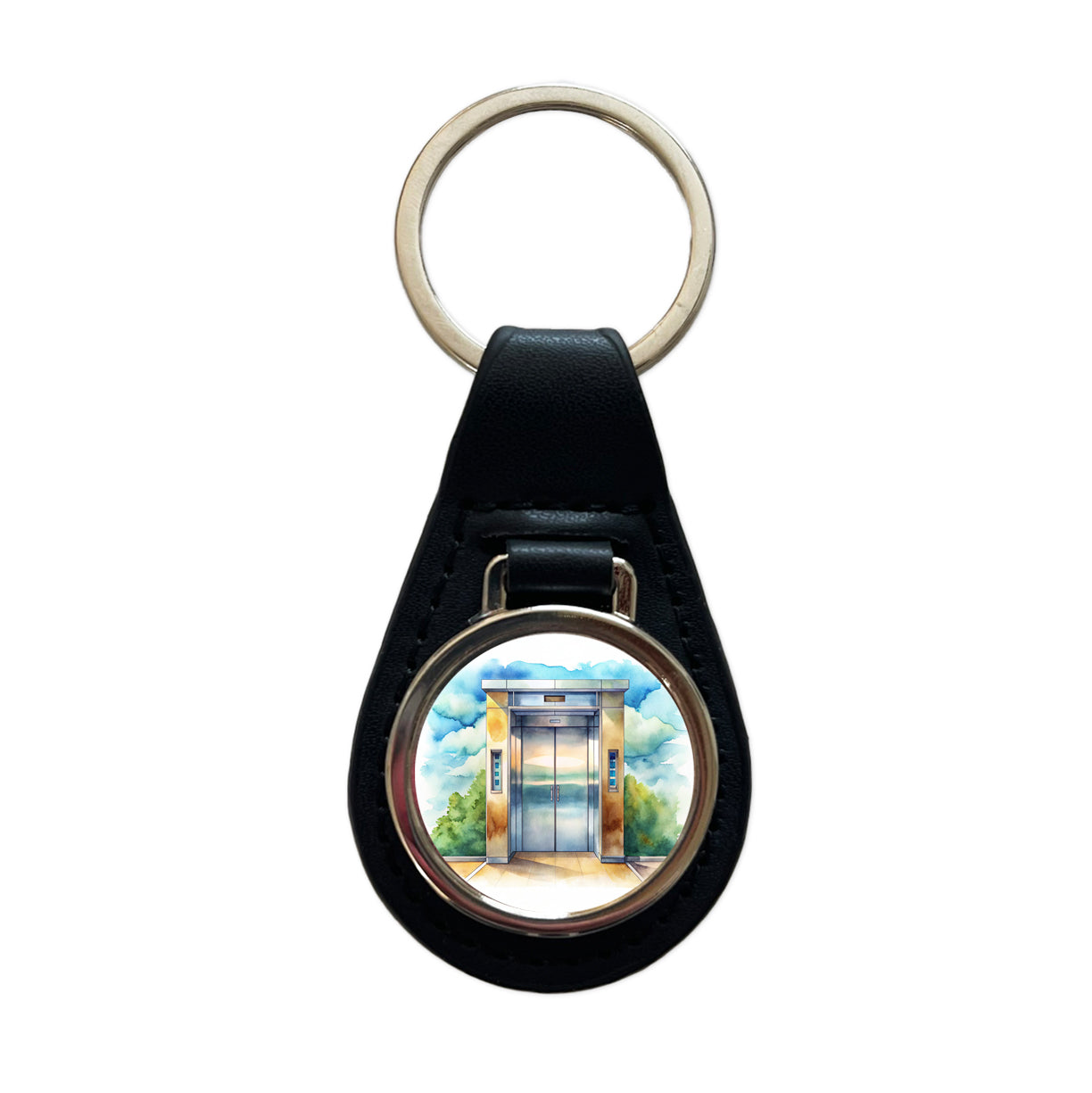 Elevator To Nowhere Watercolor Black Leather Metal Keychain
