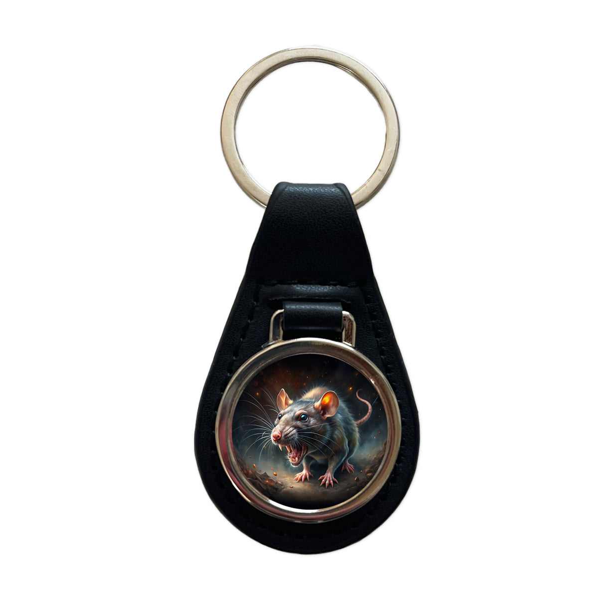 Evil Angry Rat Black Watercolor Black Leather Metal Keychain