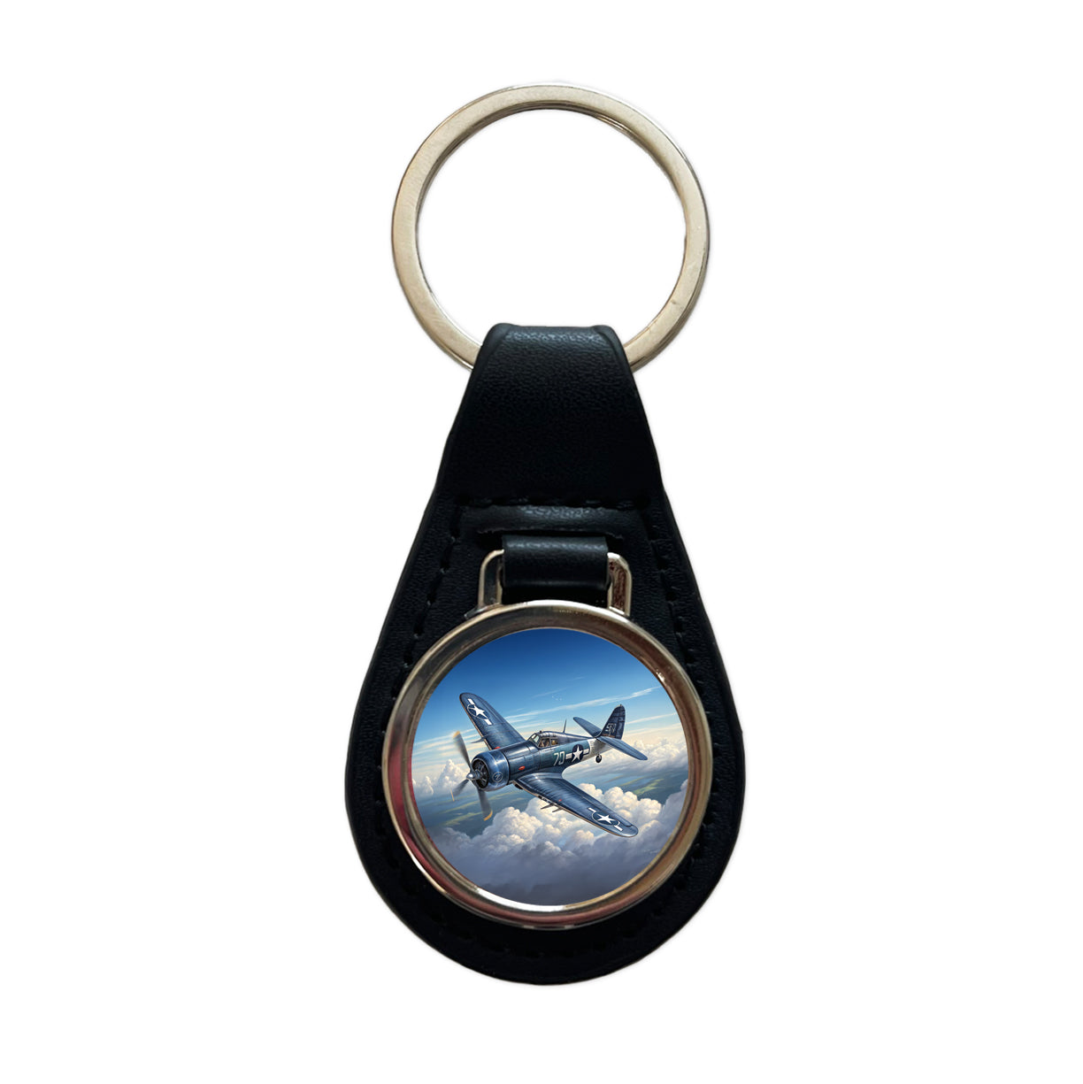 F4U Corsair WWII US Navy Marines Fighter Plane Black Leather Metal Keychain