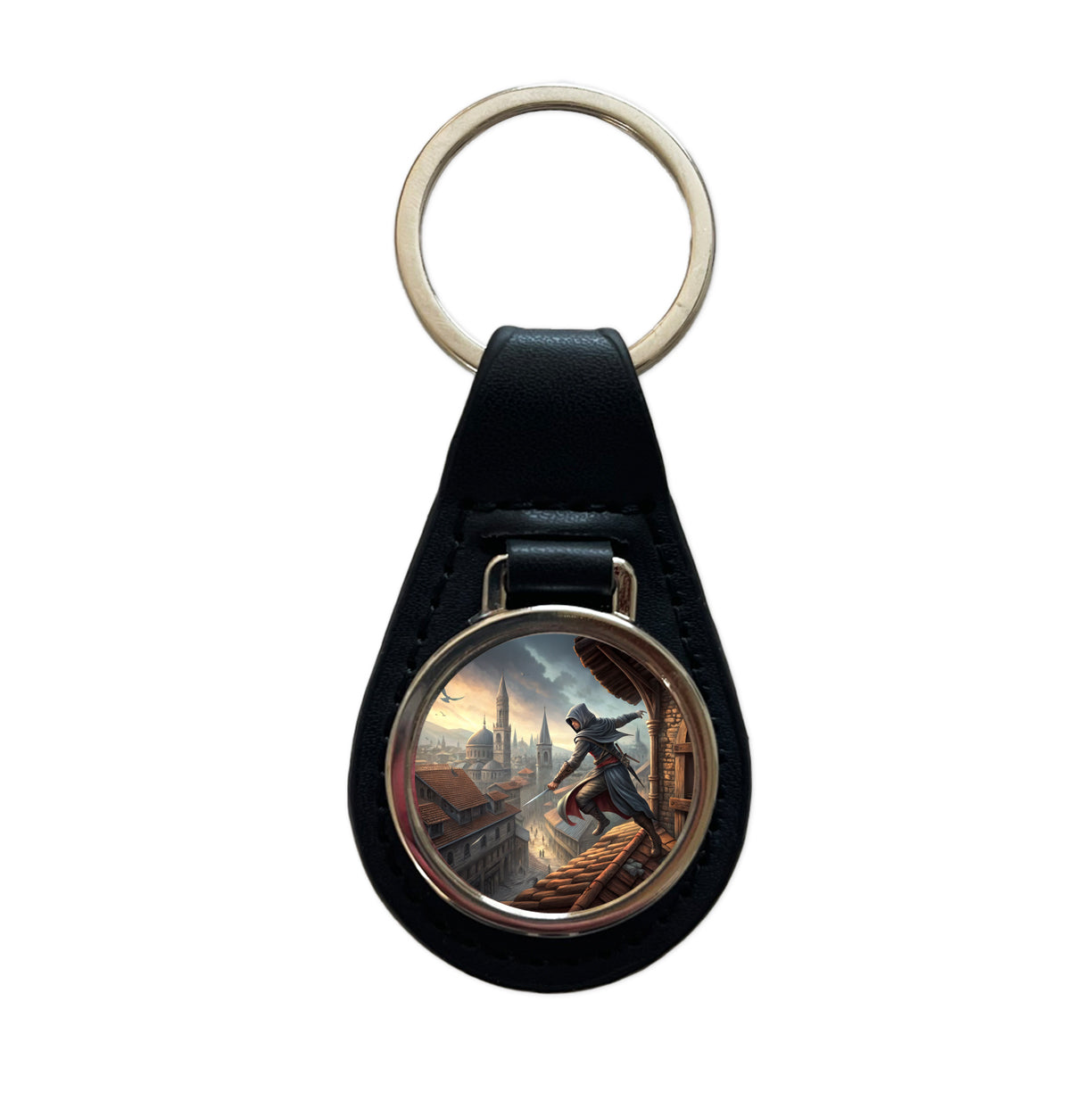 Fantasy Assassin Rogue Thief Rooftop Running Black Leather Metal Keychain
