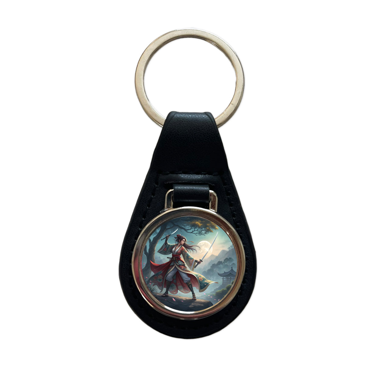 Fantasy Female Warrior Classic Japanese Anime Style Black Leather Metal Keychain
