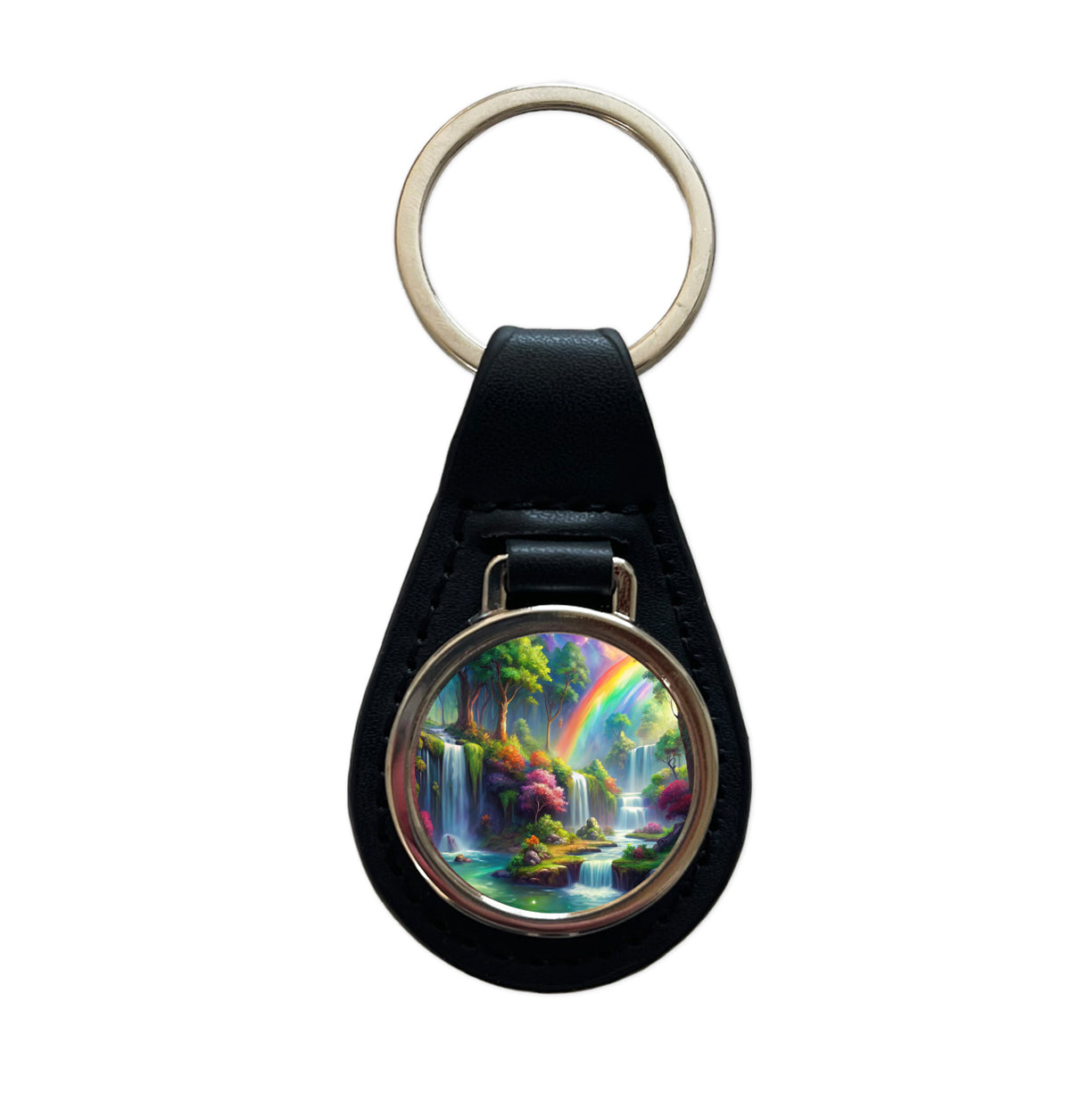 Fantasy Forest Rainbow Waterfalls Watercolor Black Leather Metal Keychain