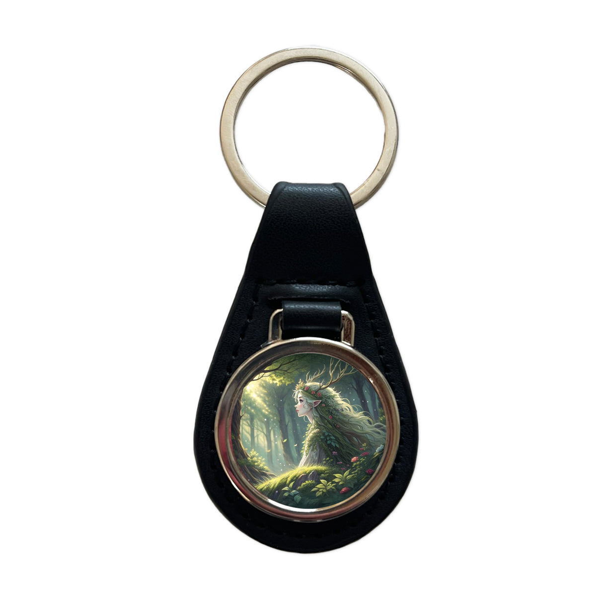 Fantasy Forest Spirit Anime Style Black Leather Metal Keychain