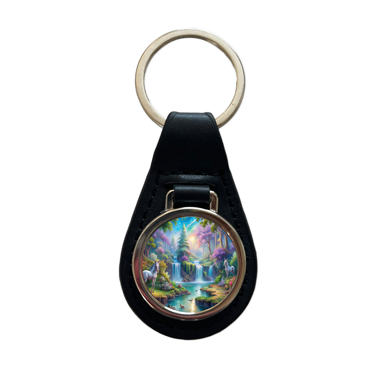Fantasy Forest Waterfalls and White Horses Watercolor Black Leather Metal Keychain