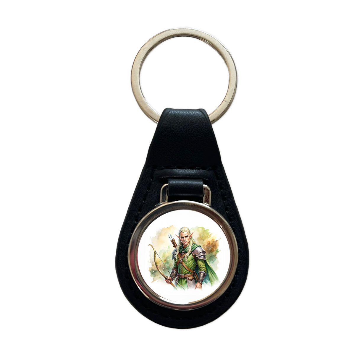 Fantasy Male Elven Ranger Archer Warrior Watercolor Black Leather Metal Keychain