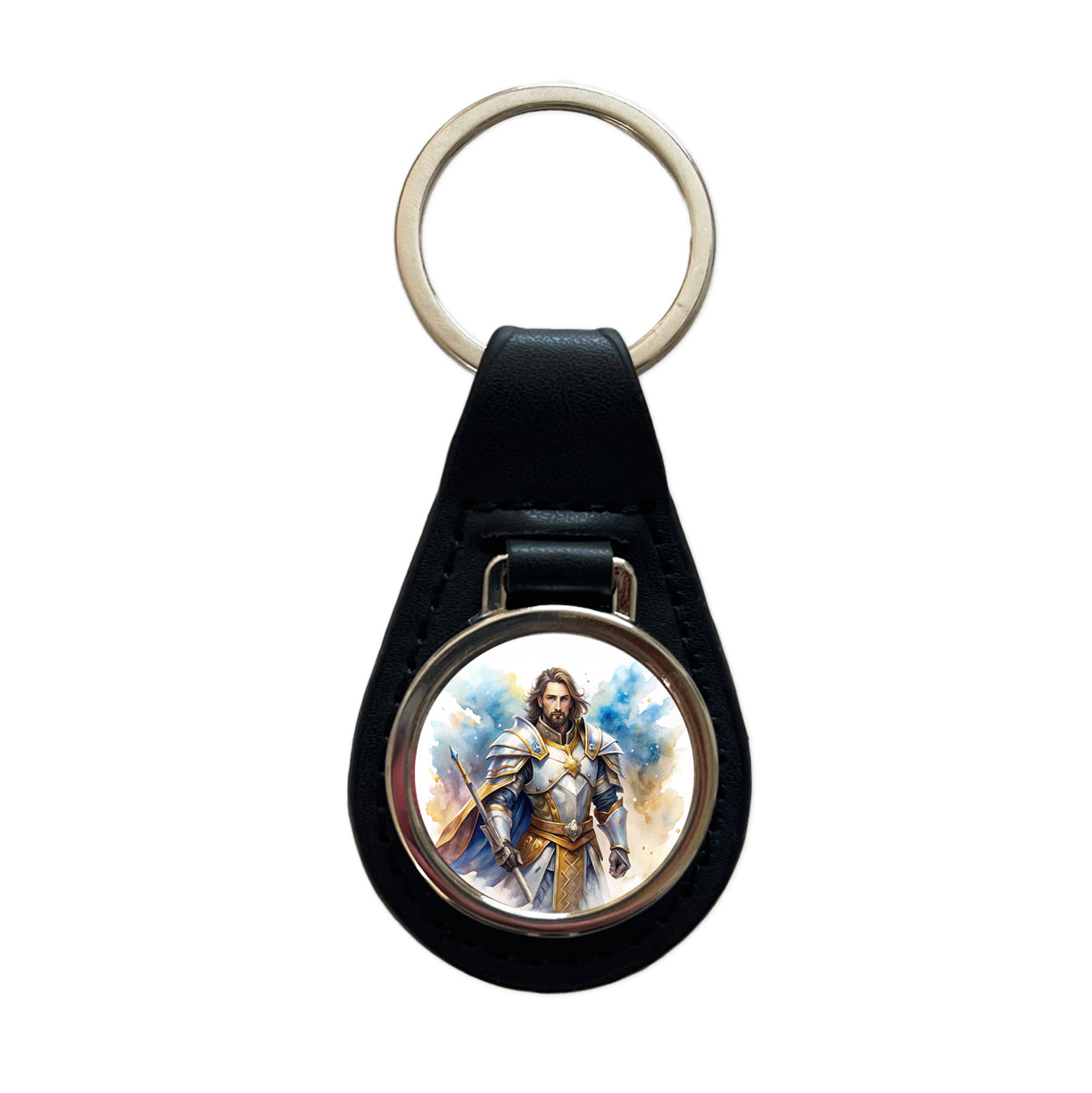 Fantasy Male Paladin Warrior Watercolor Black Leather Metal Keychain