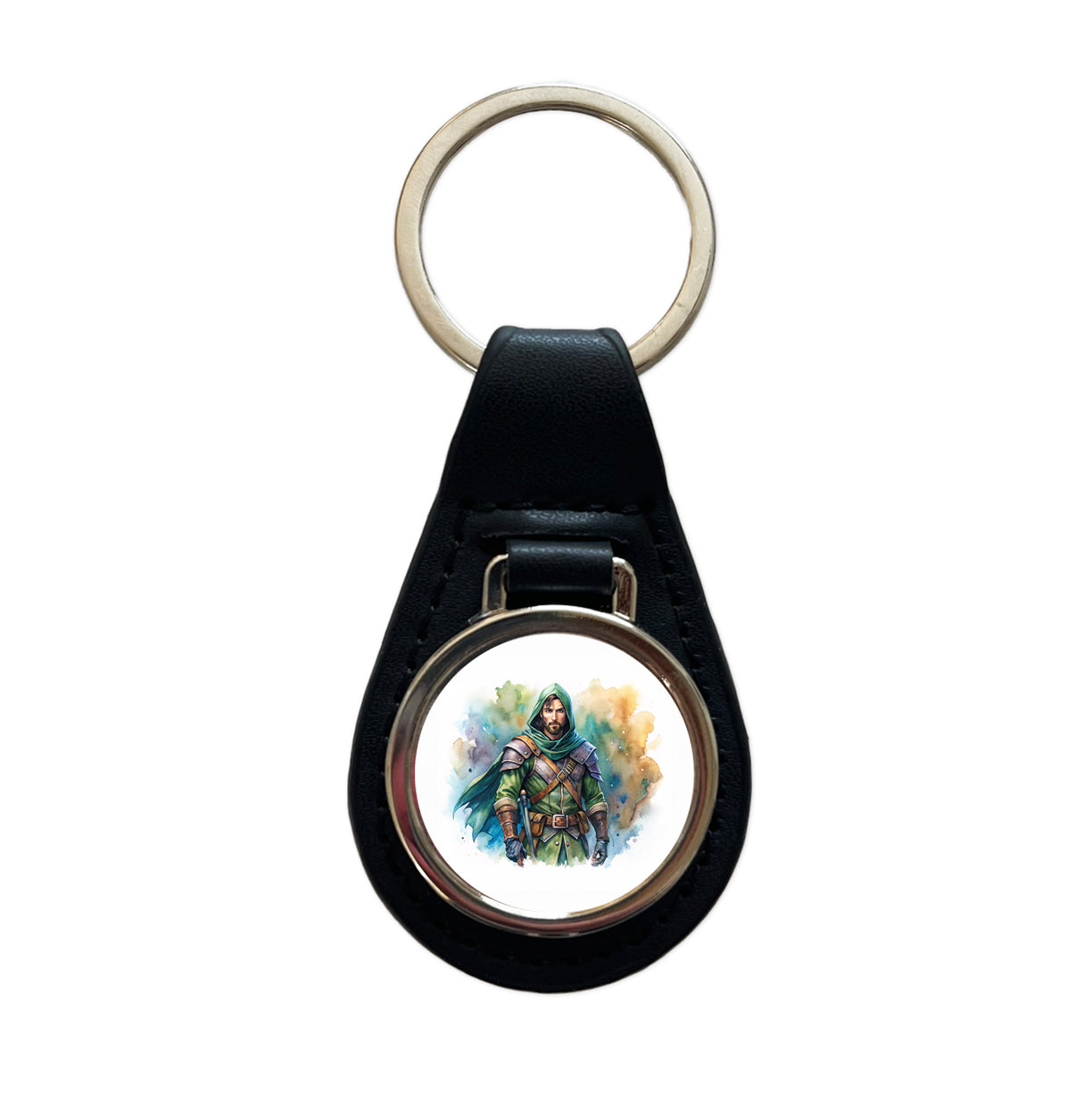 Fantasy Male Rogue Thief Watercolor Black Leather Metal Keychain