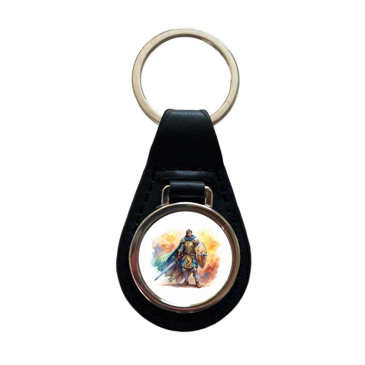 Fantasy Male Warrior Fighter With Sword And Shield Tank Black Leather Metal Keychain