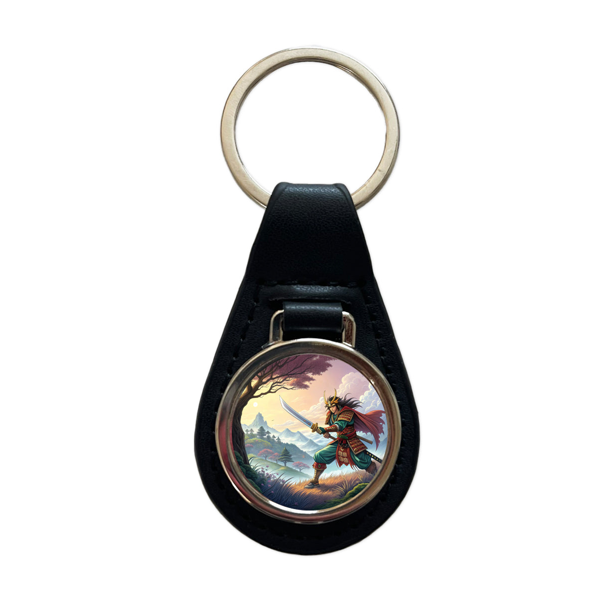 Fantasy Warrior with Sword Classic Japanese Anime Style Black Leather Metal Keychain