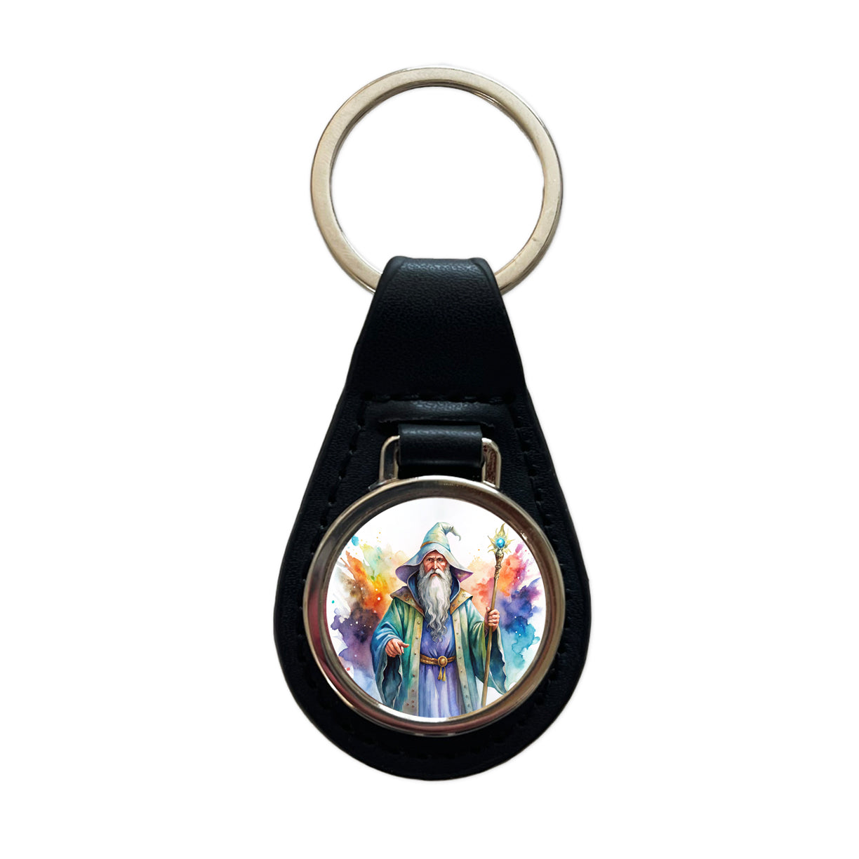 Fantasy Wizard Magician Magic User Watercolor Black Leather Metal Keychain
