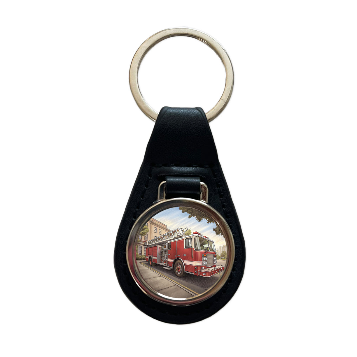 Fire Engine Firefighter Ladder Truck Black Leather Metal Keychain