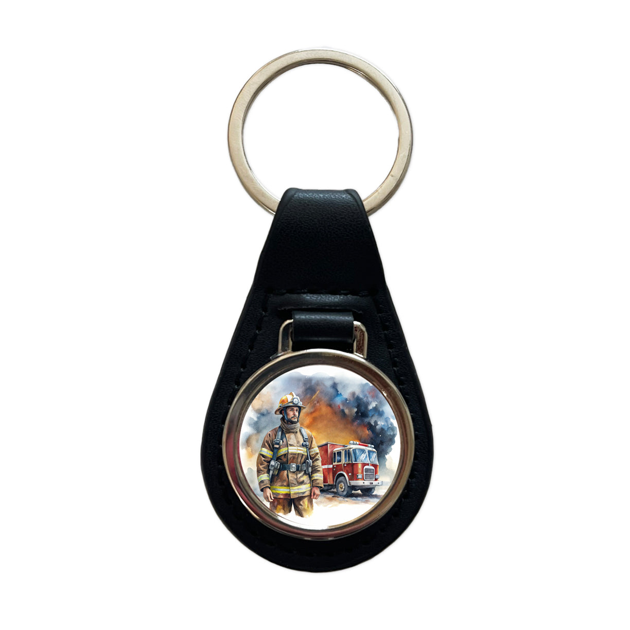 Firefighter and Fire Engine Watercolor Black Leather Metal Keychain