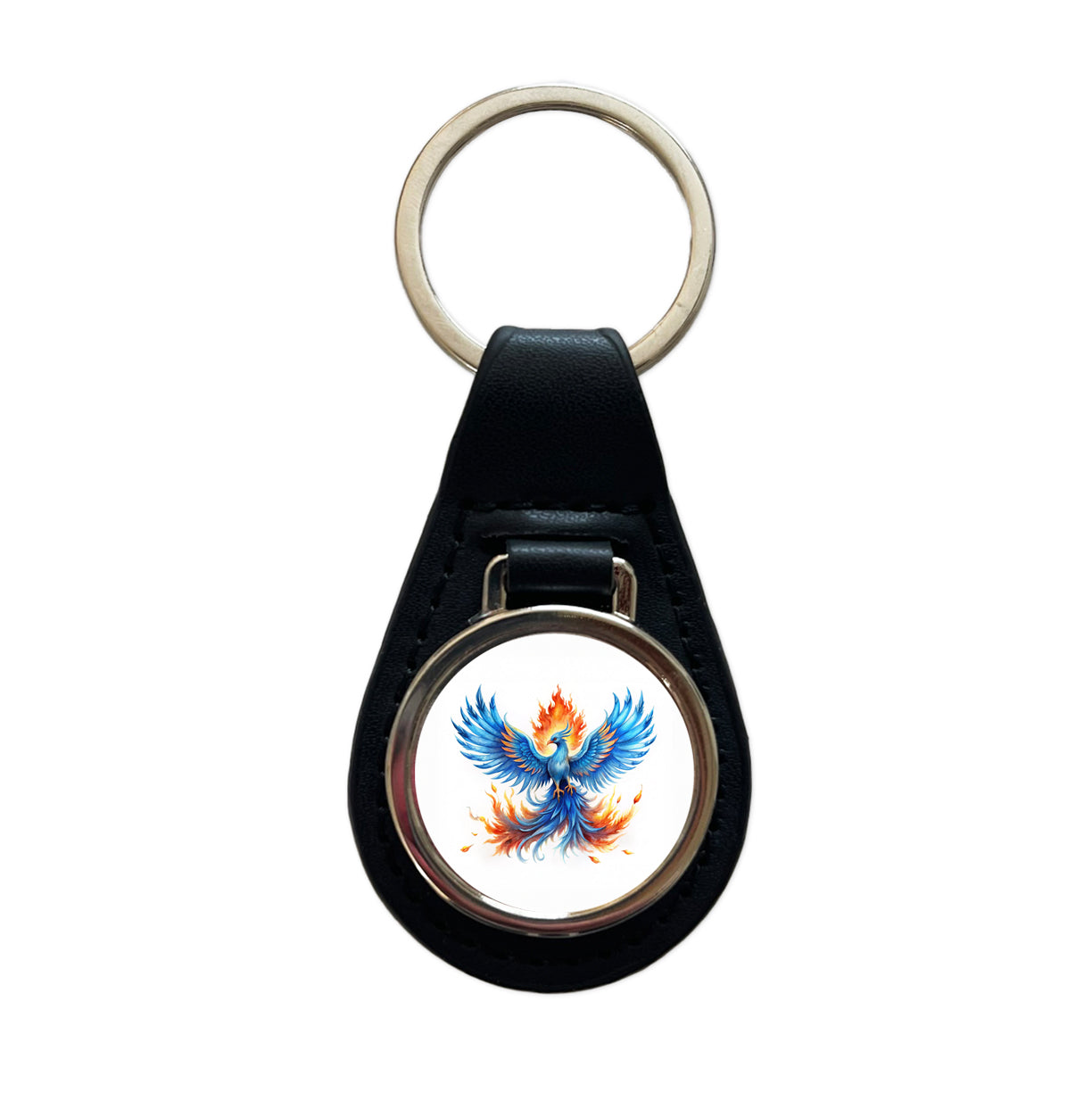Flaming Blue Phoenix Rising Fantasy Watercolor Black Leather Metal Keychain