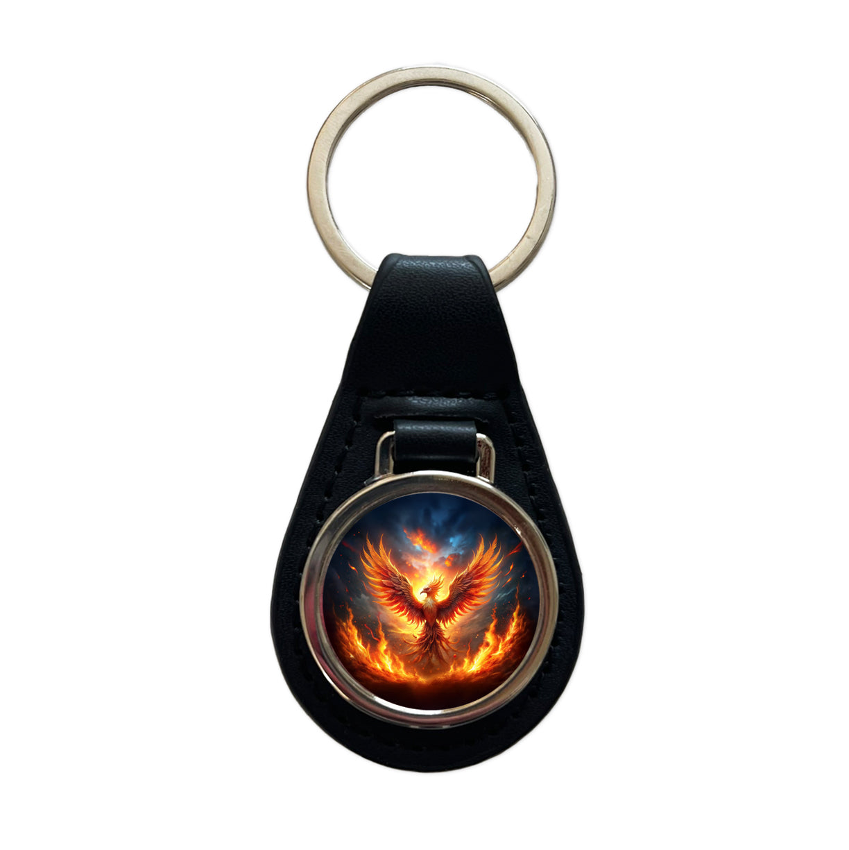 Flaming Phoenix Rising From Ashes Fantasy Bird Black Leather Metal Keychain