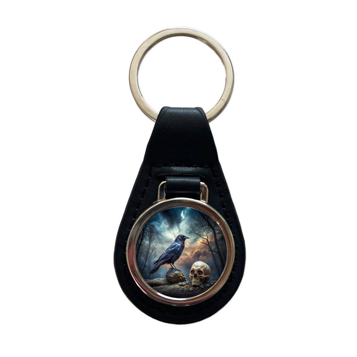 Gothic Raven Death Skull Halloween Black Leather Metal Keychain