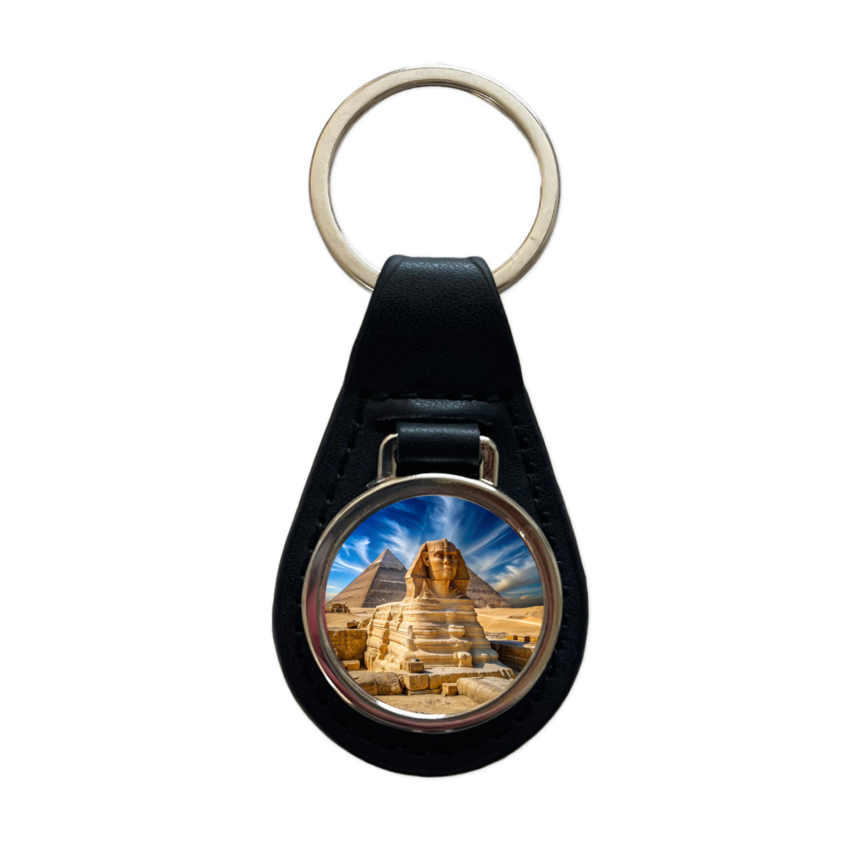 Great Sphinx Of Giza Pyramids Egypt Black Leather Metal Keychain