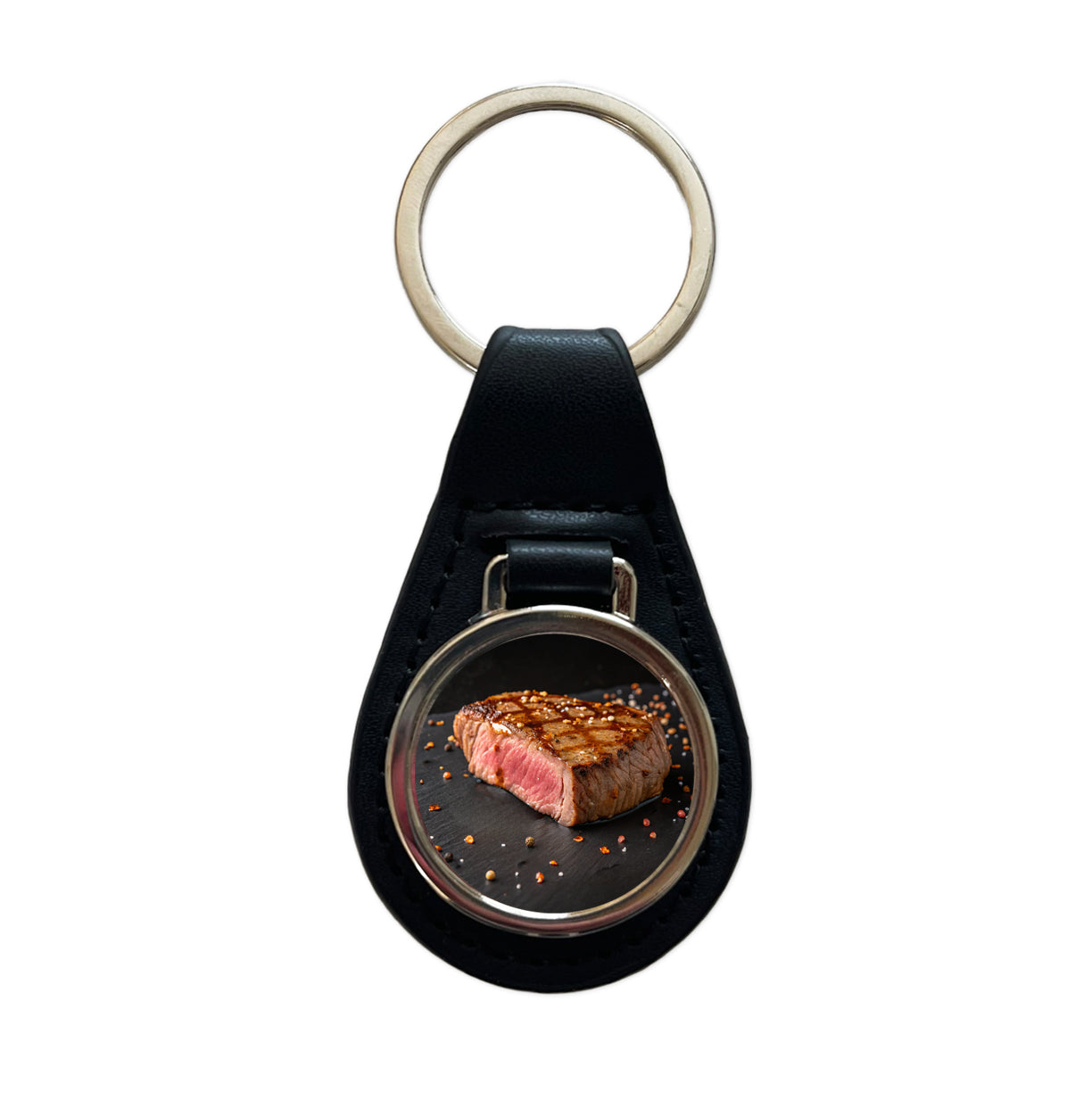 Grilled Juicy Steak Filet Black Leather Metal Keychain