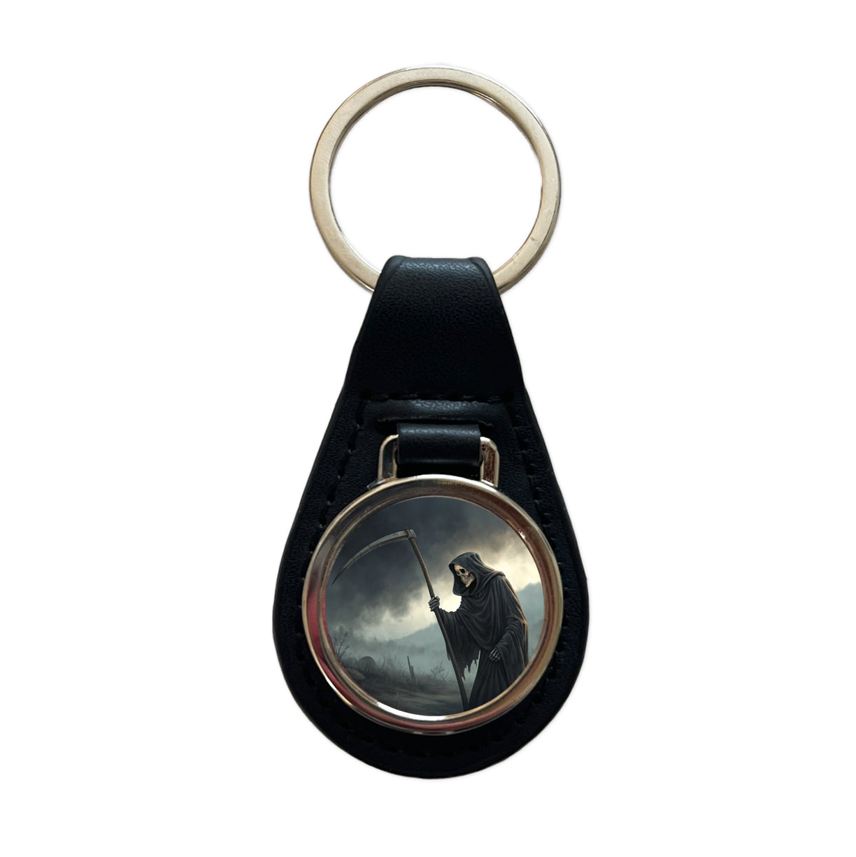 Grim Reaper Death Halloween Black Leather Metal Keychain