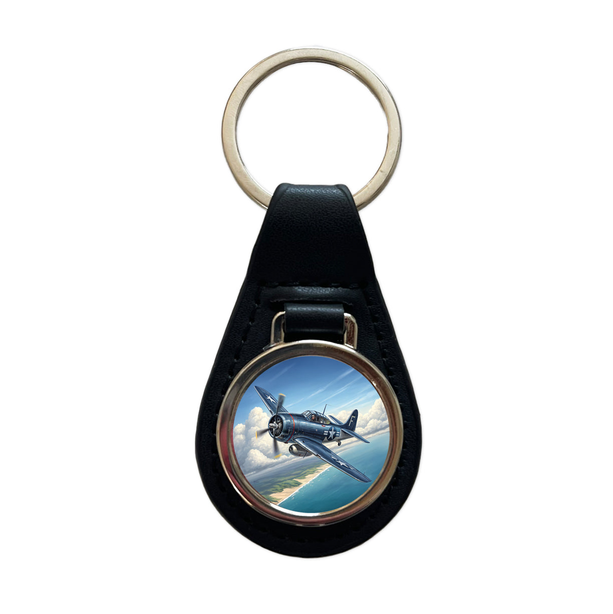 Grumman F6f Hellcat WWII US Navy Fighter Plane Black Leather Metal Keychain