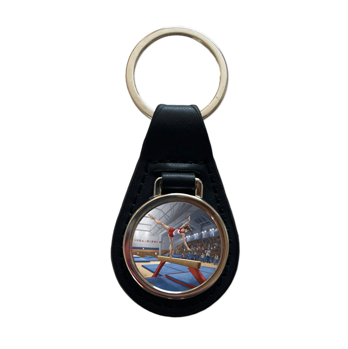 Gymnastics Balance Beam Black Leather Metal Keychain