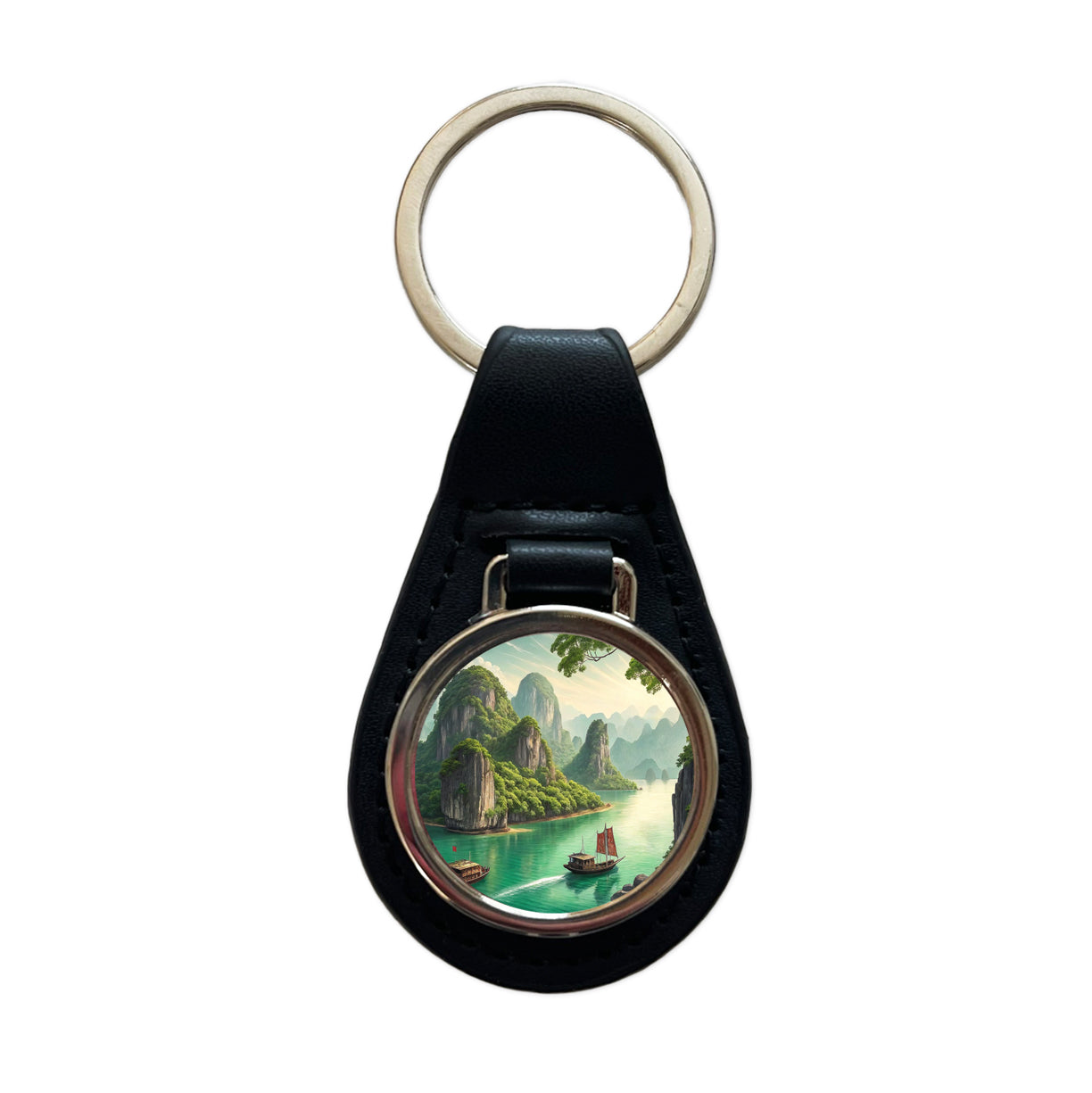 Ha Long Bay Vietnam Black Leather Metal Keychain