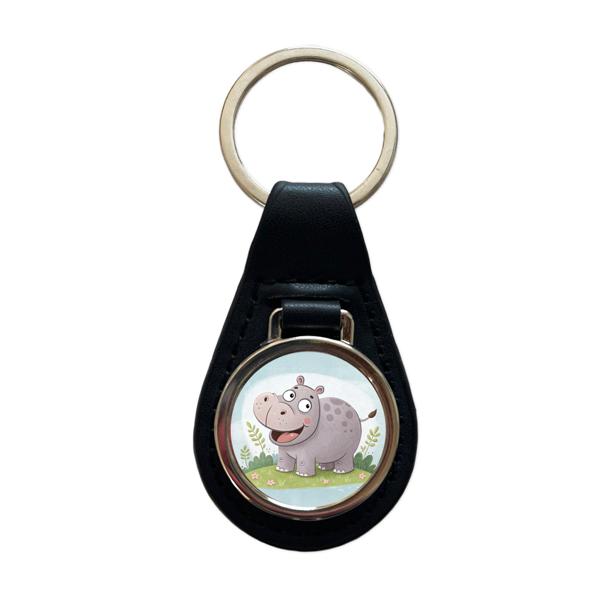 Hippo Children's Illustration Style Black Leather Metal Keychain