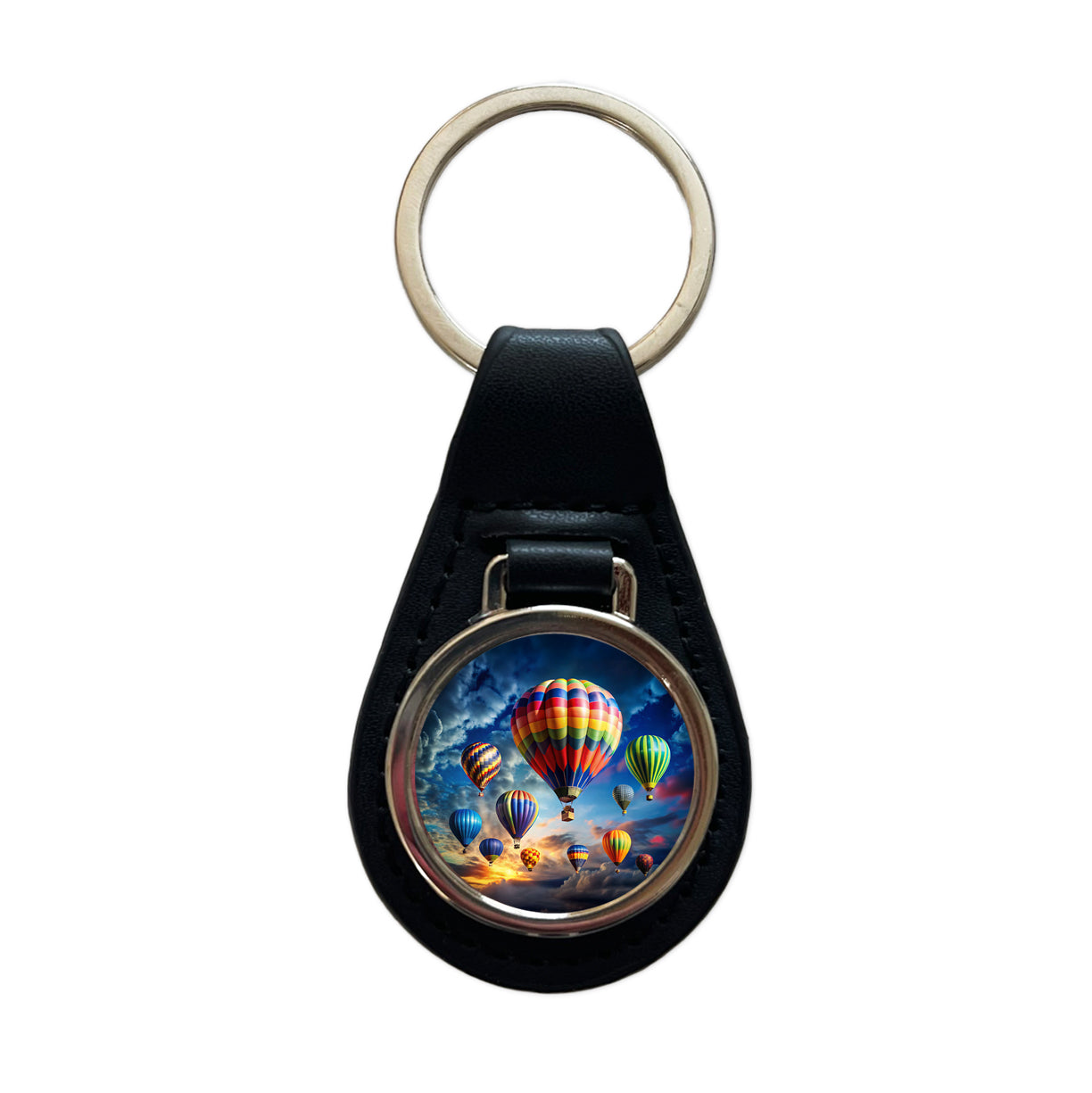 Hot Air Balloons Against a Cloud Covered Deep Blue Sky Black Leather Metal Keychain