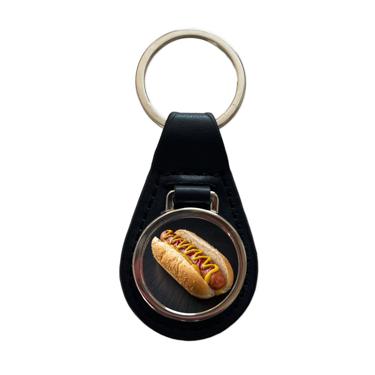 Hot Dog In Bun With Mustard and Ketchup Black Leather Metal Keychain